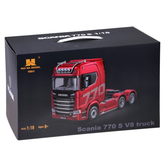 HUINA RC Súprava Kamión Scania 770 S V8 so svetlom a zvukom + rc plošinový príves, červený