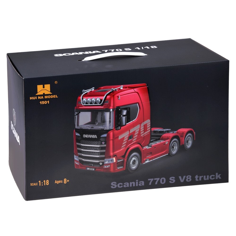 HUINA RC Súprava Kamión Scania 770 S V8 so svetlom a zvukom + rc plošinový príves, červený