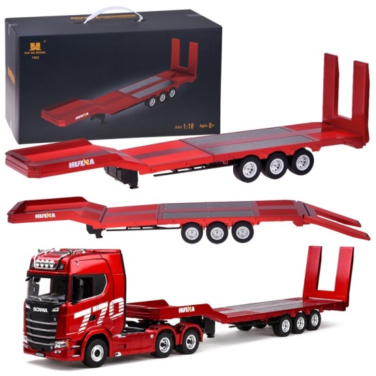 HUINA RC Súprava Kamión Scania 770 S V8 so svetlom a zvukom + rc plošinový príves, červený