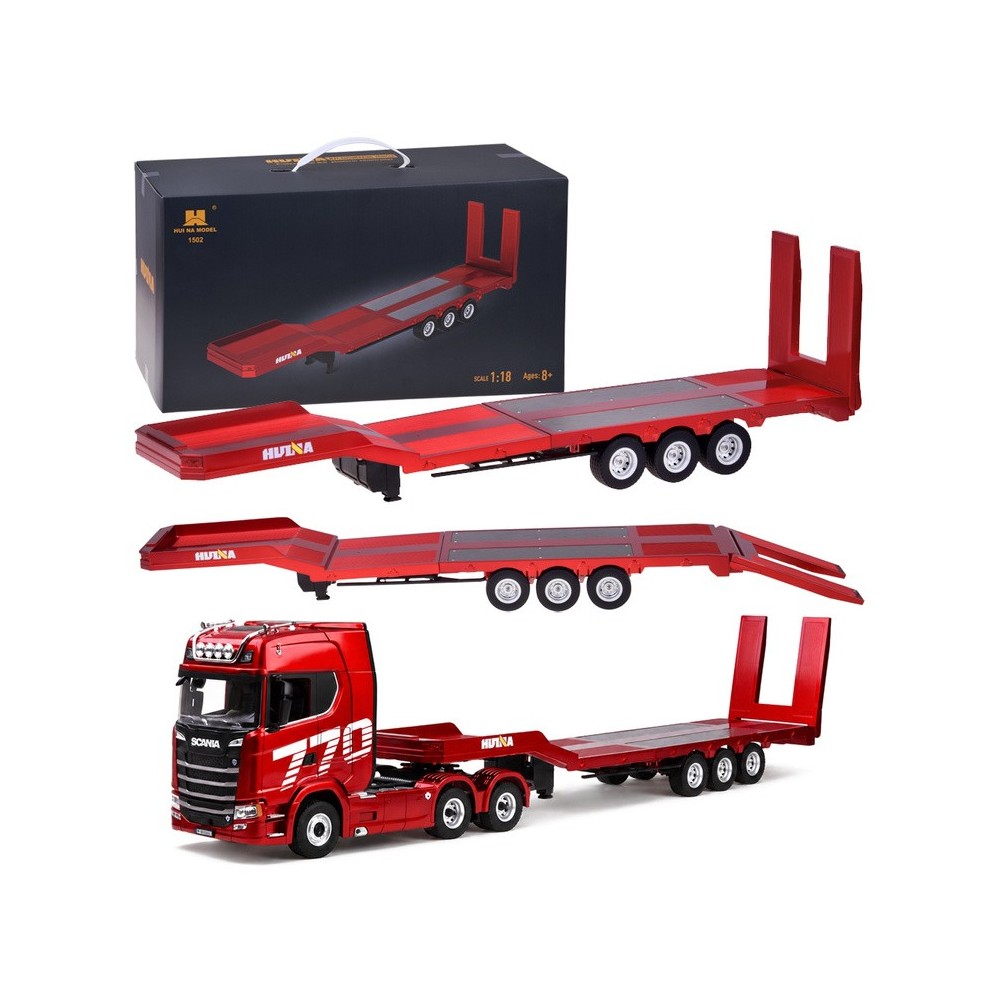 HUINA RC Súprava Kamión Scania 770 S V8 so svetlom a zvukom + rc plošinový príves, červený
