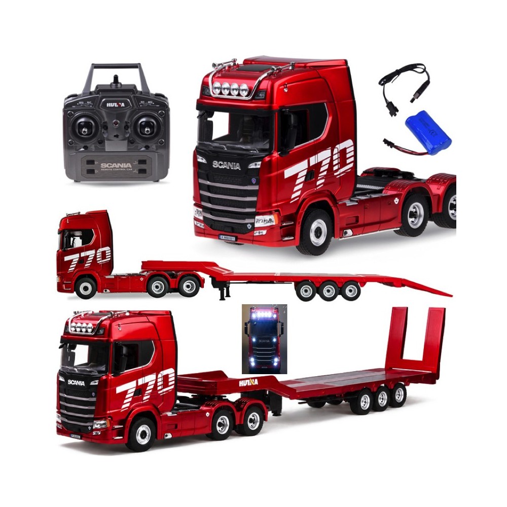 HUINA RC Súprava Kamión Scania 770 S V8 so svetlom a zvukom + rc plošinový príves, červený