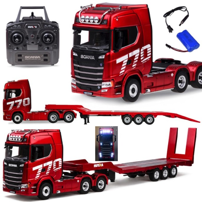 HUINA RC Súprava Kamión Scania 770 S V8 so svetlom a zvukom + rc plošinový príves, červený