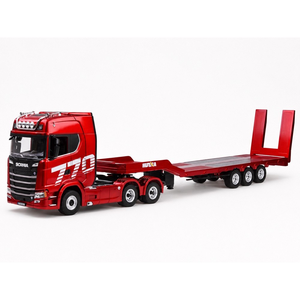 HUINA RC Súprava Kamión Scania 770 S V8 so svetlom a zvukom + rc plošinový príves, červený