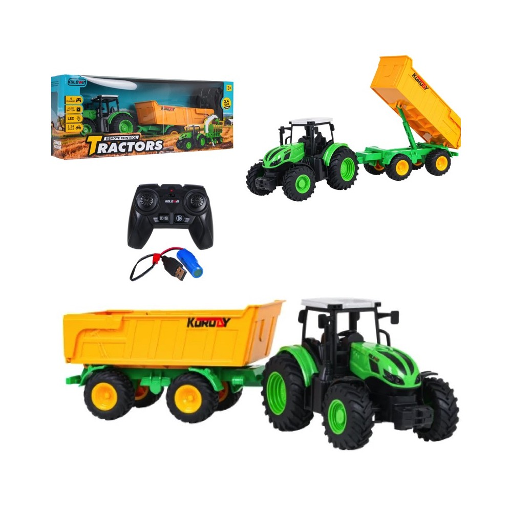 JOKO RC Traktor s vyklápacou vlečkou 1:24, na diaľkové ovládanie, zelený