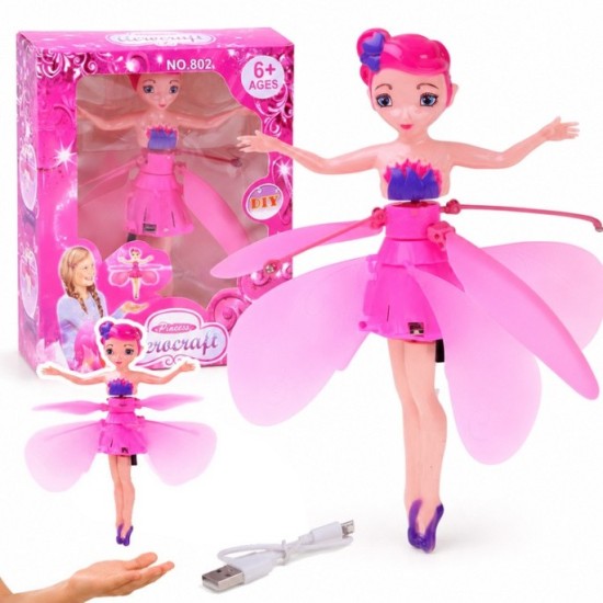 JOKO Flying Fairy Lietajúca Víla s Krídlami ovládaná Rukou so svetlom, usb nabíjací kábel, ružová
