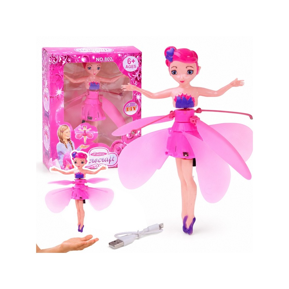 JOKO Flying Fairy Lietajúca Víla s Krídlami ovládaná Rukou so svetlom, usb nabíjací kábel, ružová