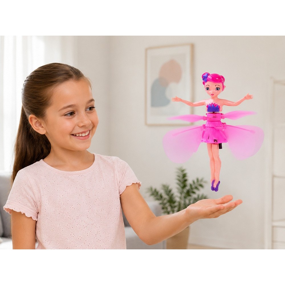 JOKO Flying Fairy Lietajúca Víla s Krídlami ovládaná Rukou so svetlom, usb nabíjací kábel, ružová