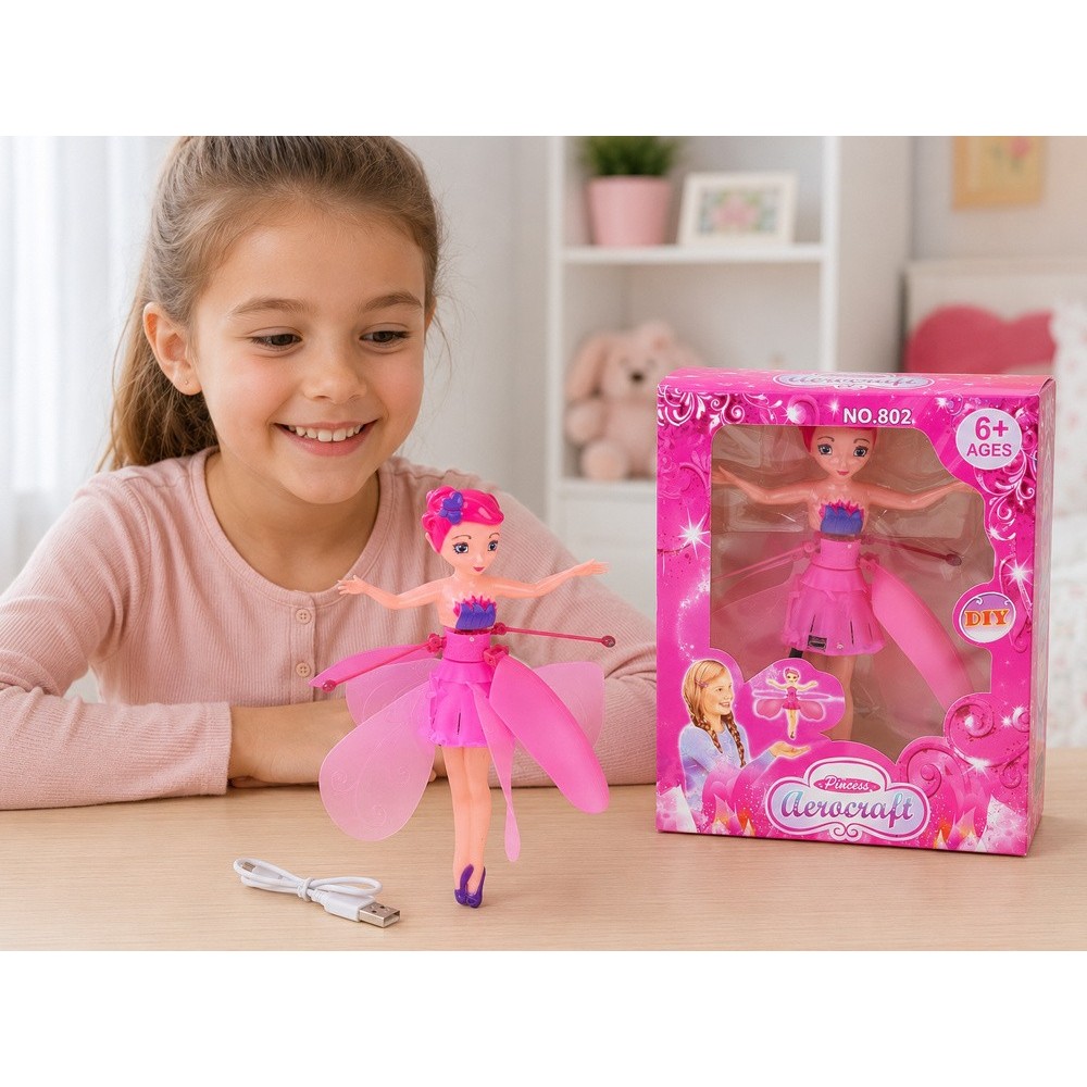 JOKO Flying Fairy Lietajúca Víla s Krídlami ovládaná Rukou so svetlom, usb nabíjací kábel, ružová