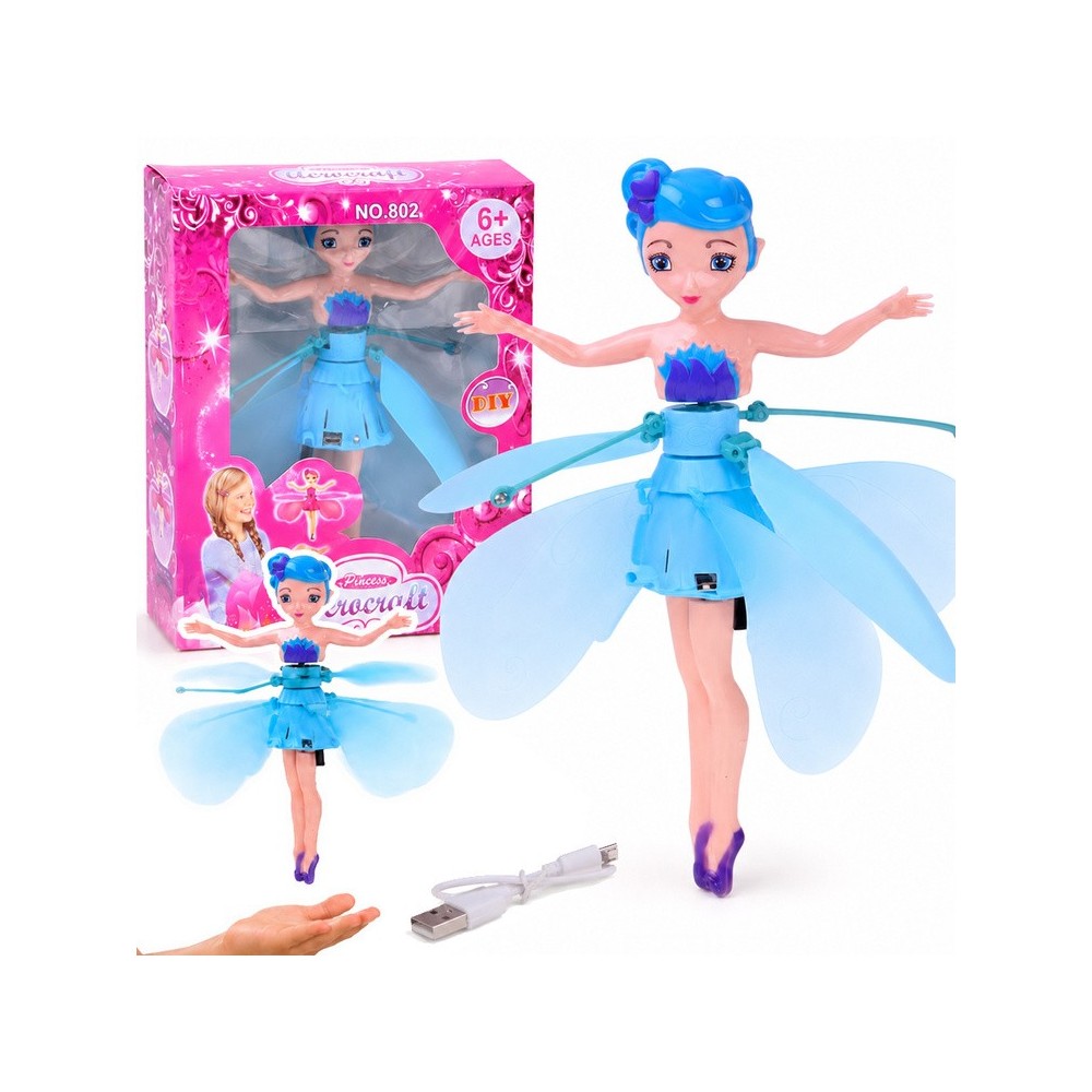 JOKO Flying Fairy Lietajúca Víla s Krídlami ovládaná Rukou so svetlom, usb nabíjací kábel, ružová
