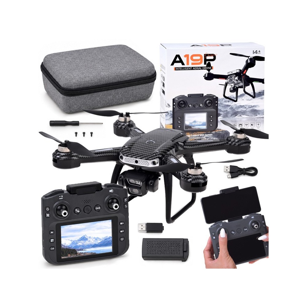 JOKO RC Dron A19P, Kvadrokoptéera s HD Kamerou, skladací, púzdro, diaľkové ovládanie s obrazovkou, Bezkartáčové 4 motory, čierny