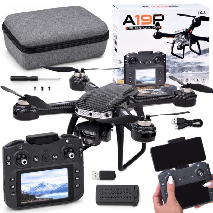 JOKO RC Dron A19P, Kvadrokoptéera s HD Kamerou, skladací, púzdro, diaľkové ovládanie s obrazovkou, Bezkartáčové 4 motory, čierny