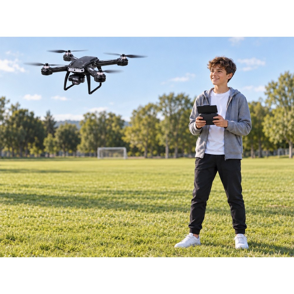 JOKO RC Dron A19P, Kvadrokoptéera s HD Kamerou, skladací, púzdro, diaľkové ovládanie s obrazovkou, Bezkartáčové 4 motory, čierny