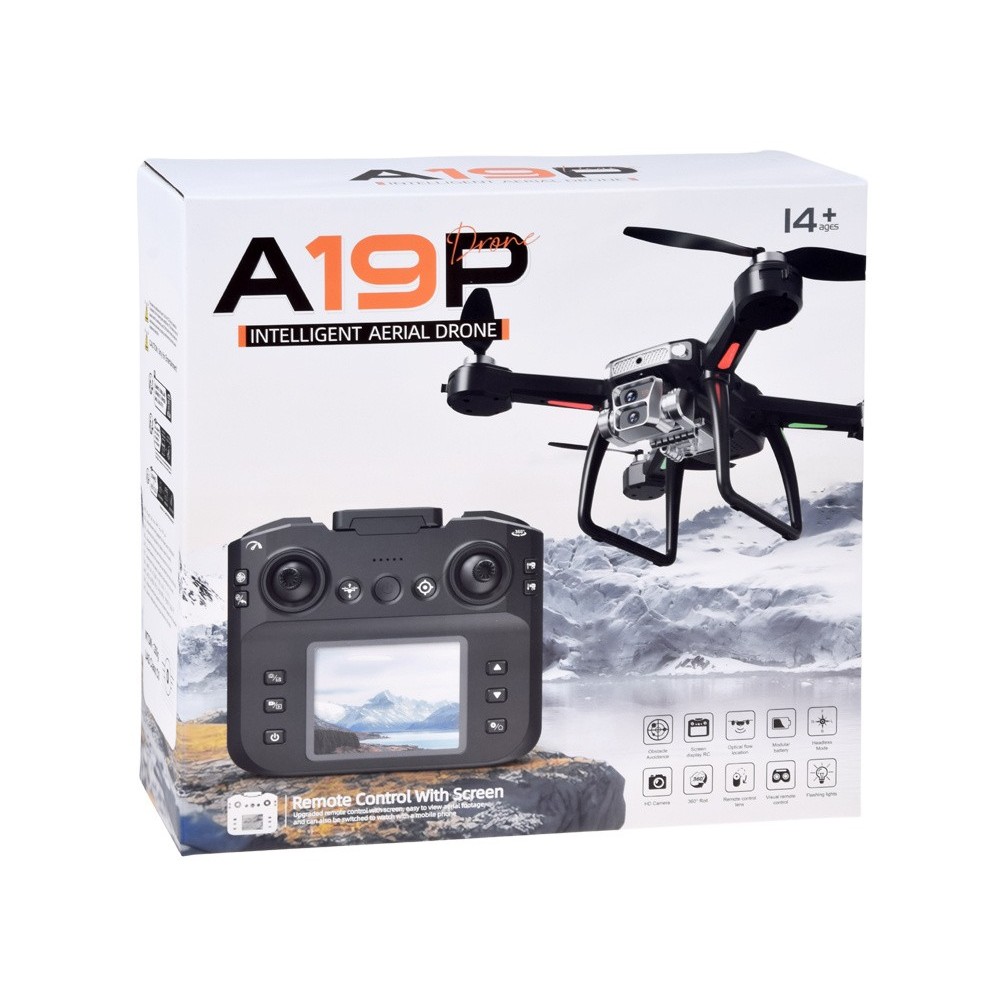 JOKO RC Dron A19P, Kvadrokoptéera s HD Kamerou, skladací, púzdro, diaľkové ovládanie s obrazovkou, Bezkartáčové 4 motory, čierny