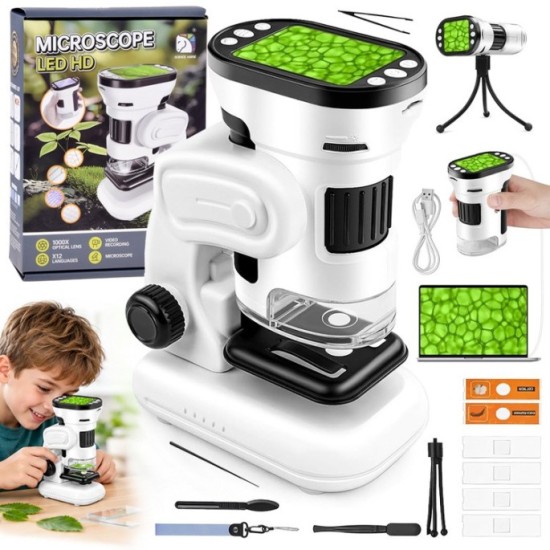JOKO Digitálny detský mikroskop s 1000x obrazovkou, 2” LED kamerou, Funkcia Nahrávani, biely