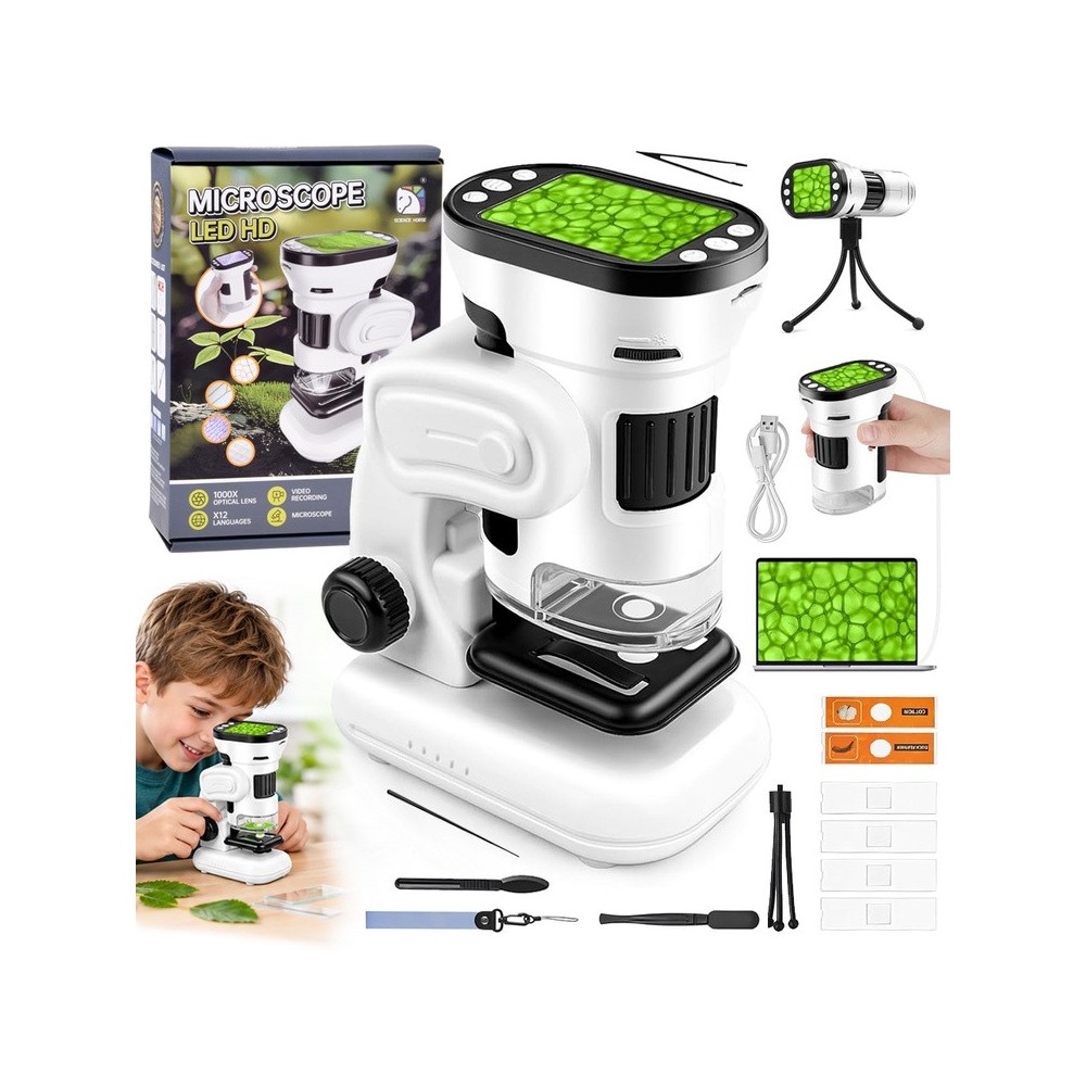 JOKO Digitálny detský mikroskop s 1000x obrazovkou, 2” LED kamerou, Funkcia Nahrávani, biely