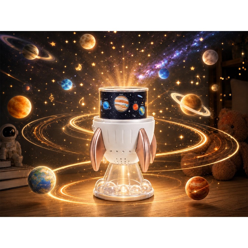 JOKO Detský Projektor Vesmírna raketa s Lampou 3v1, nočné LED svetlo, projektor Vesmír a Bluetooth reproduktor, USB nabíjačka