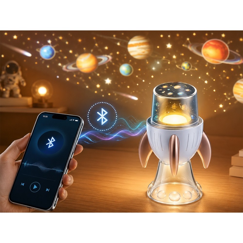 JOKO Detský Projektor Vesmírna raketa s Lampou 3v1, nočné LED svetlo, projektor Vesmír a Bluetooth reproduktor, USB nabíjačka