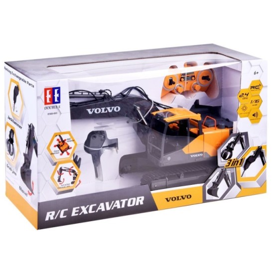 JOKO RC Bager Volvo s vymeniteľnými hrotmi 3v1, pneumatické kladivo, bager s drapákom, lopta,svetlo, zvuk