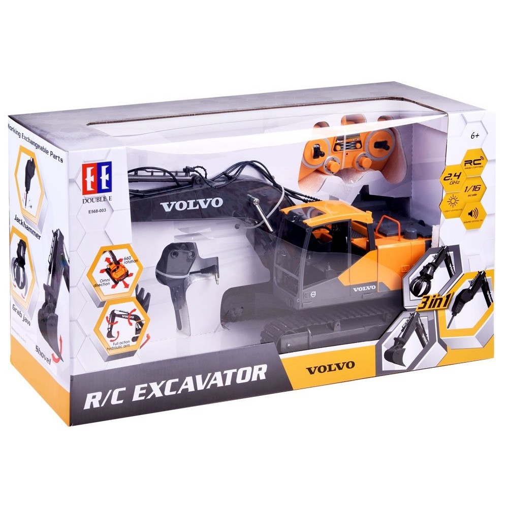 JOKO RC Bager Volvo s vymeniteľnými hrotmi 3v1, pneumatické kladivo, bager s drapákom, lopta,svetlo, zvuk