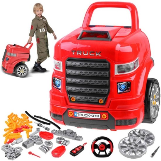 JOKO Autodielňa Sada Malého Automechanika Kamión s volantom, svetlo a zvuko, na učenie opravovať + diaľkové ovládanie, červený