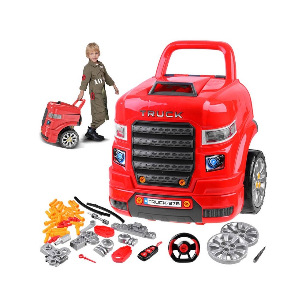 JOKO Autodielňa Sada Malého Automechanika Kamión s volantom, svetlo a zvuko, na učenie opravovať + diaľkové ovládanie, červený