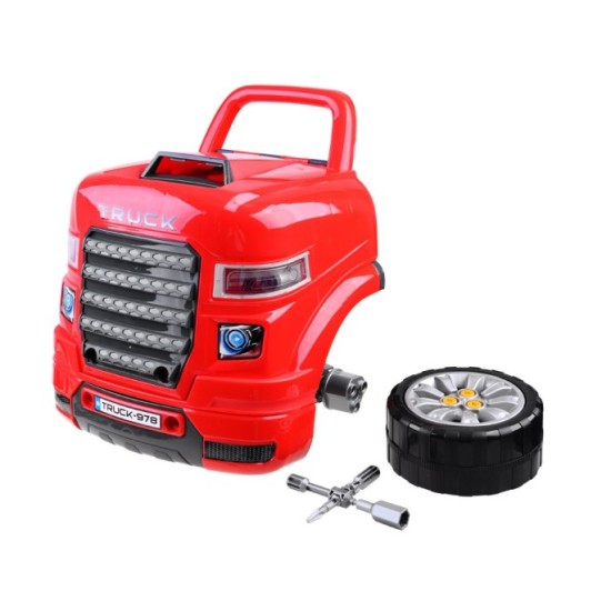 JOKO Autodielňa Sada Malého Automechanika Kamión s volantom, svetlo a zvuko, na učenie opravovať + diaľkové ovládanie, červený