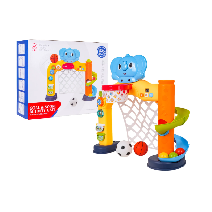 JOKO Interaktívna Bránka Sloník so svetlom a zvukom, Futbalová lopta, Basketbalová lopta, Basketbalový kôš