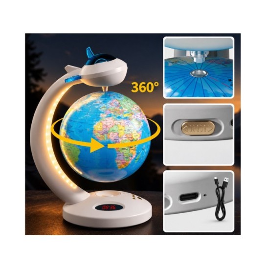 JOKO Detský Nočná LED Lampa Glóbus 4v1, Bluetooth Reproduktor, otáčanie 360°, Detský budík, nabíjačka USB
