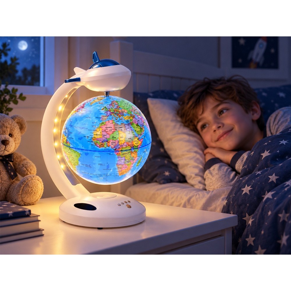 JOKO Detský Nočná LED Lampa Glóbus 4v1, Bluetooth Reproduktor, otáčanie 360°, Detský budík, nabíjačka USB