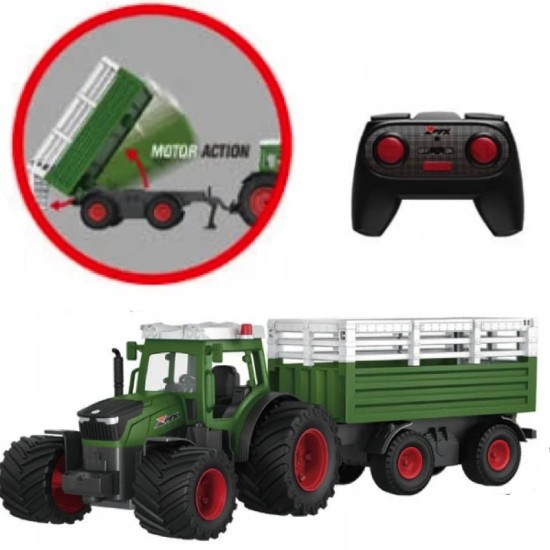JOKO RC Traktor s Elektricky Vyklápacou vlečkou, svetlom a zvukom, na diaľkové ovládanie, zelený