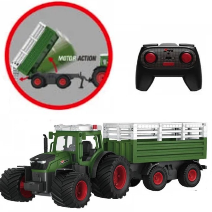 JOKO RC Traktor s Elektricky Vyklápacou vlečkou, svetlom a zvukom, na diaľkové ovládanie, zelený
