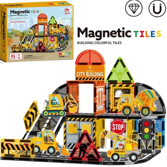 JOKO Sada Magnetická Stavebnica Stavenisko, Magnetická Bager, Žeriav, Miešač Betónu 42ks