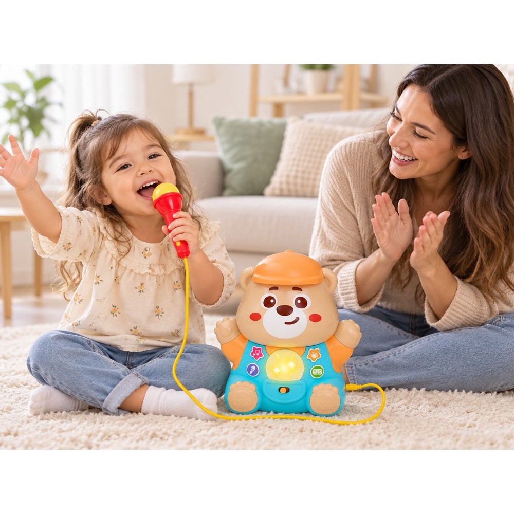 JOKO Interaktívné Detské Karaoke Medveď TEDDY s mikrofónom a svetlom, na batérie