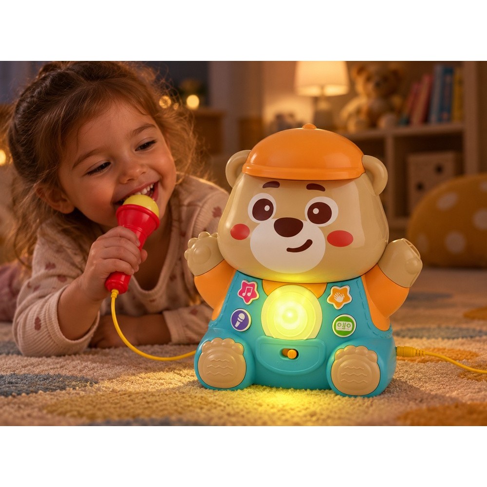 JOKO Interaktívné Detské Karaoke Medveď TEDDY s mikrofónom a svetlom, na batérie