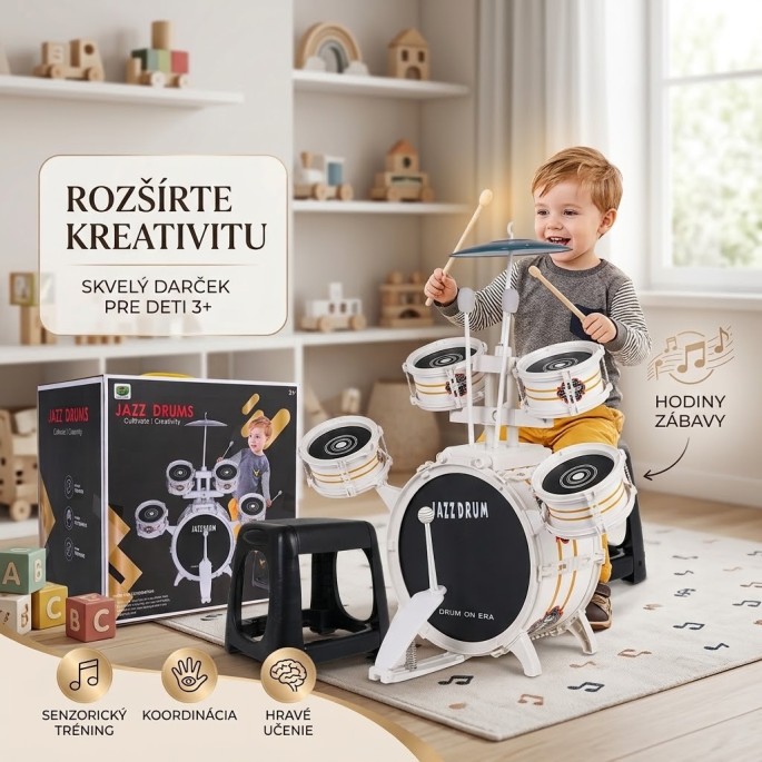 Detské Bicie so stoličkou, 6 dielna sada, zlato-biele