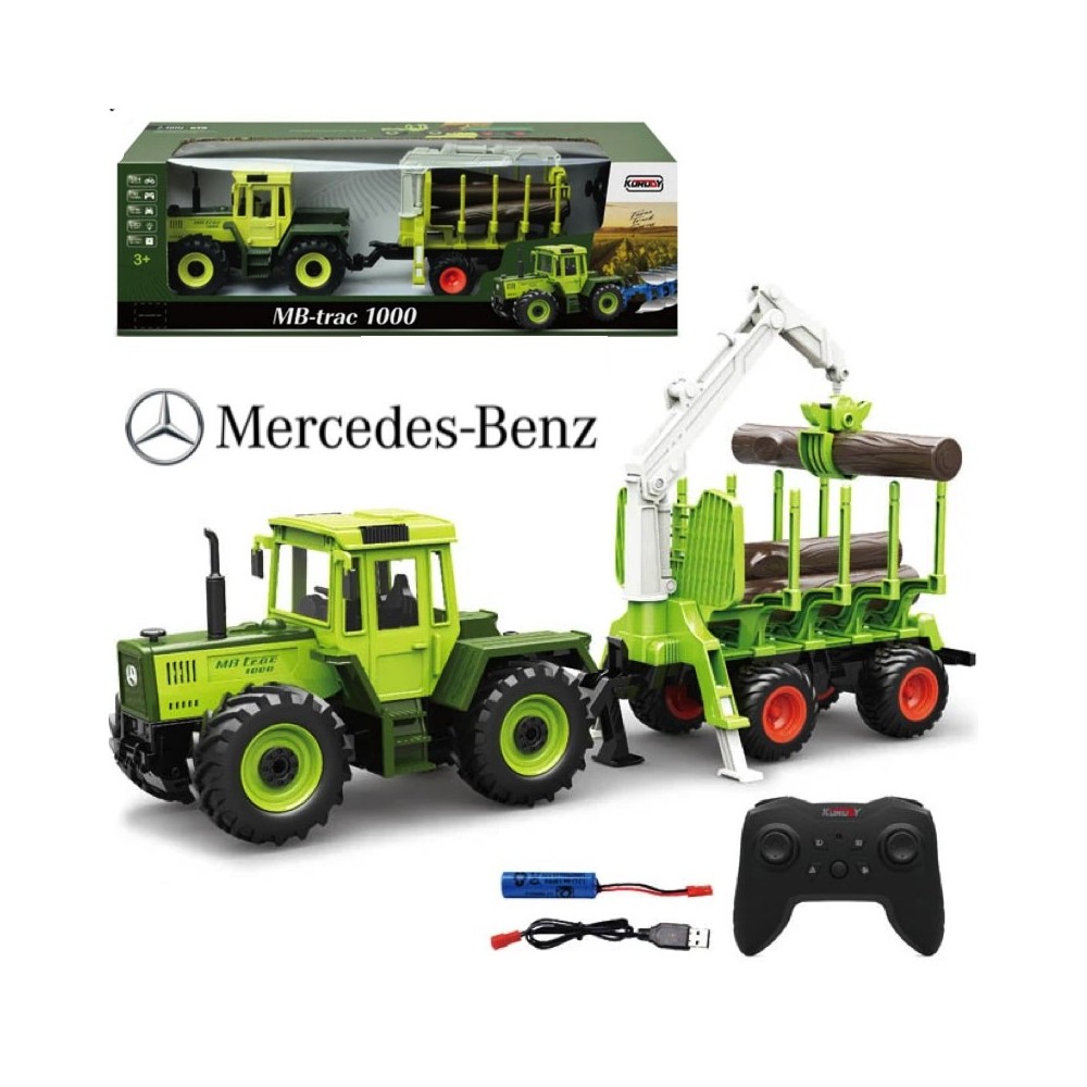 JOKO RC Traktor Mercedes s vlečkou a Drapák na drevo, usb nabíjačka, zelený