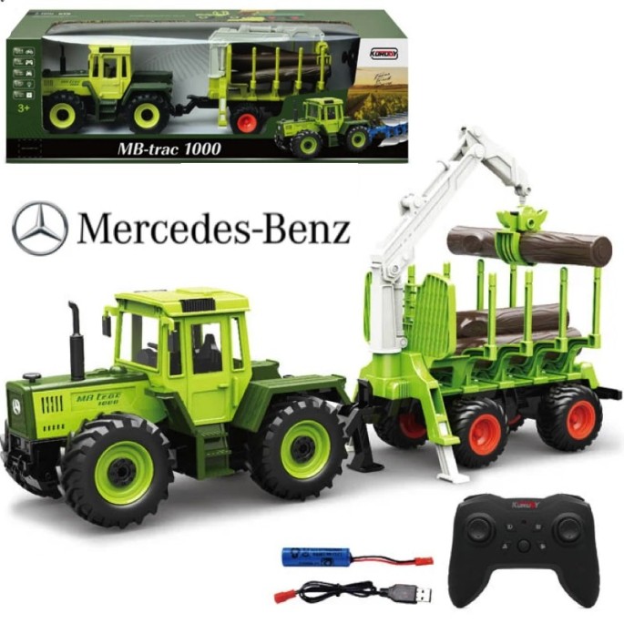 JOKO RC Traktor Mercedes s vlečkou a Drapák na drevo, usb nabíjačka, zelený