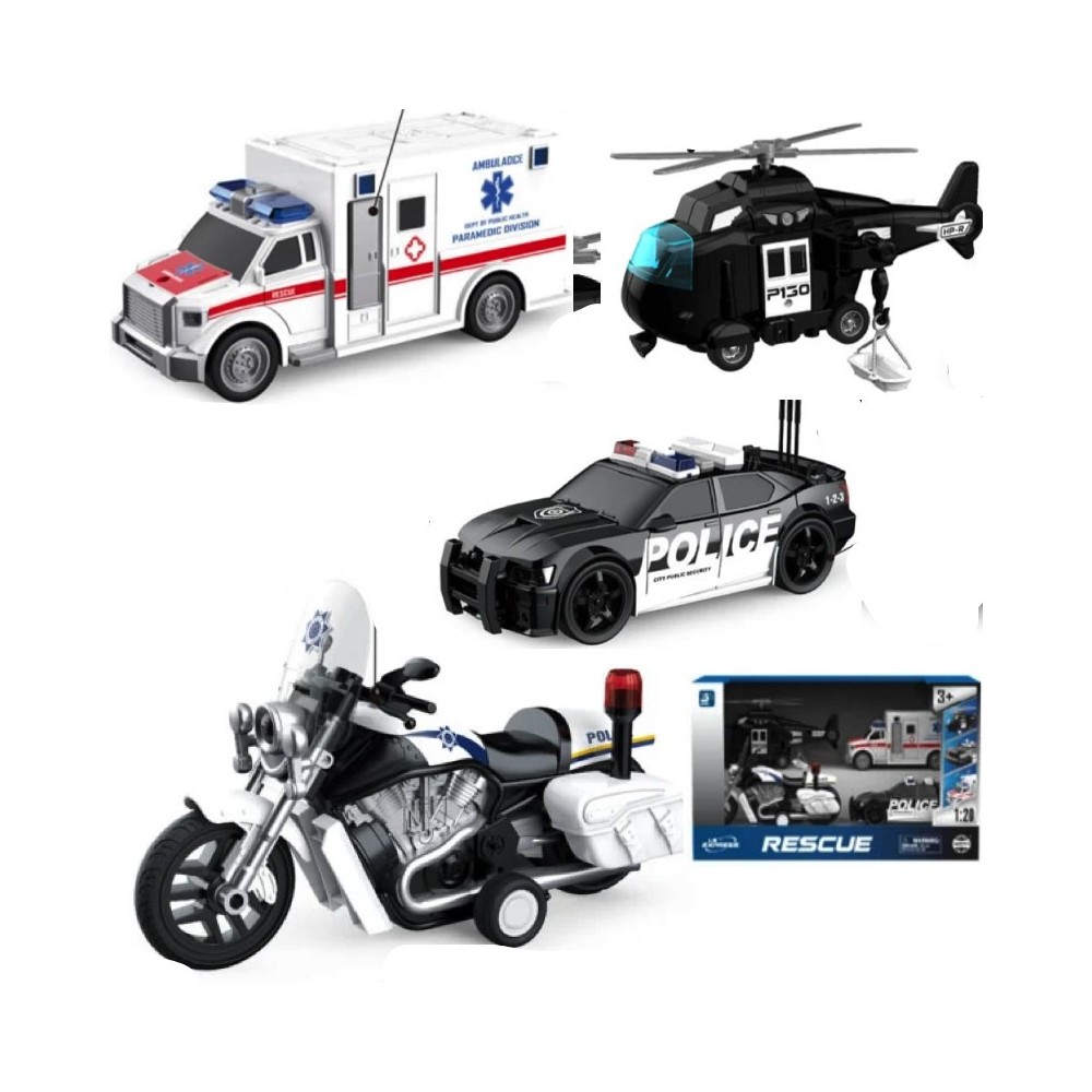 JOKO Policajná Sada 5v1, Policajné auto, Policajná Motorka, Policajný Vrtulník, Sanitka, so svetlom a zvukom