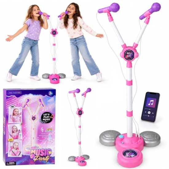 JOKO Detský Karaoke Mikfrofón pre dve deti DUO na stojane so svetlom, bluetooth, ružový