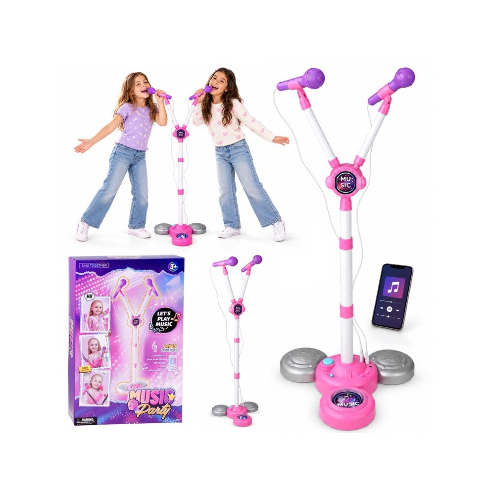 JOKO Detský Karaoke Mikfrofón pre dve deti DUO na stojane so svetlom, bluetooth, ružový