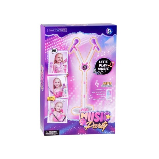 JOKO Detský Karaoke Mikfrofón pre dve deti DUO na stojane so svetlom, bluetooth, ružový