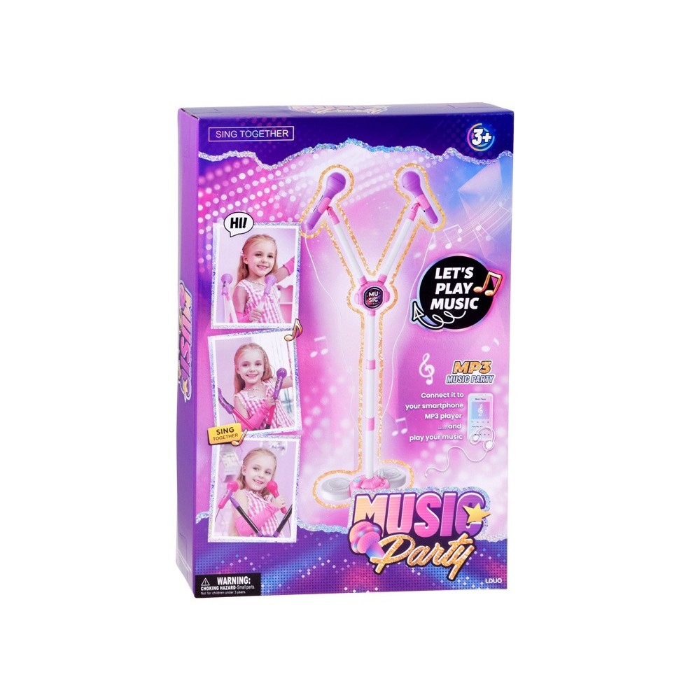 JOKO Detský Karaoke Mikfrofón pre dve deti DUO na stojane so svetlom, bluetooth, ružový