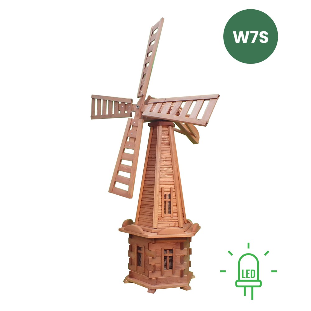 MKSTOR Drevený Solárny veterný mlyn 170cm s LED svetlom, záhradný, otočný, dekoračný, jelša W7S