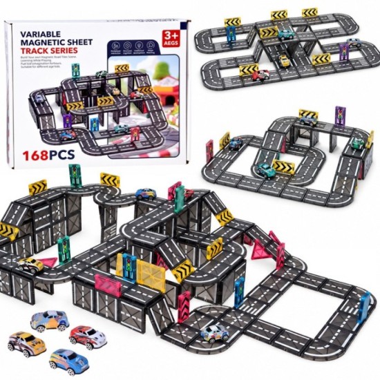 JOKO Magnetické kocky, Magnetická autodráha 168ks, autíčka 4ks, dopravné značky