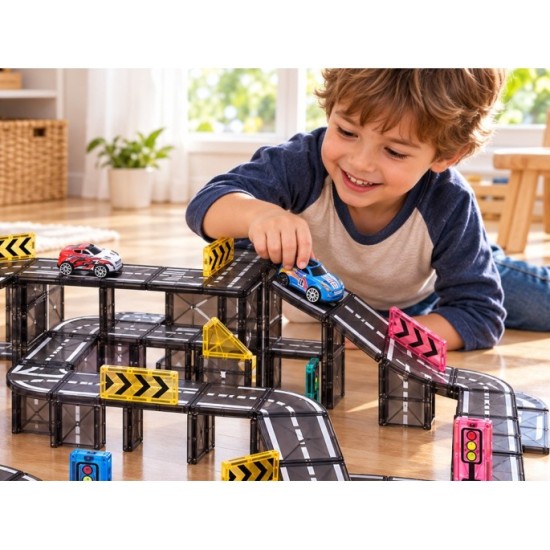 JOKO Magnetické kocky, Magnetická autodráha 168ks, autíčka 4ks, dopravné značky