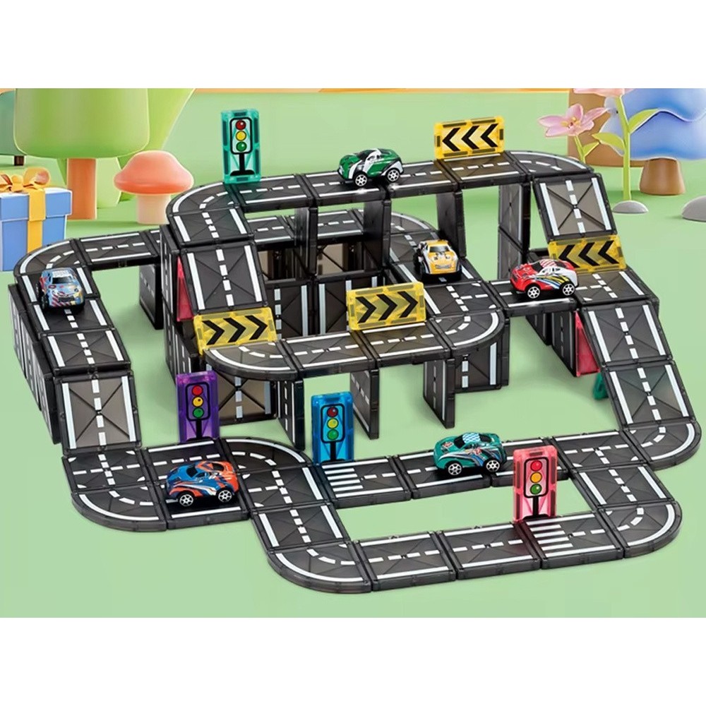 JOKO Magnetické kocky, Magnetická autodráha 168ks, autíčka 4ks, dopravné značky