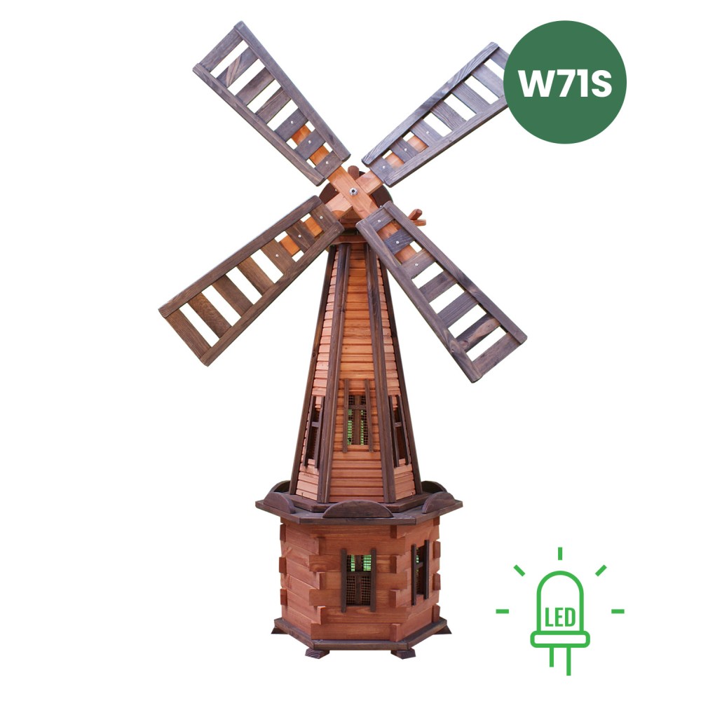 MKSTOR Drevený Solárny veterný mlyn 170cm s LED svetlom, záhradný, otočný, dekoračný W71S