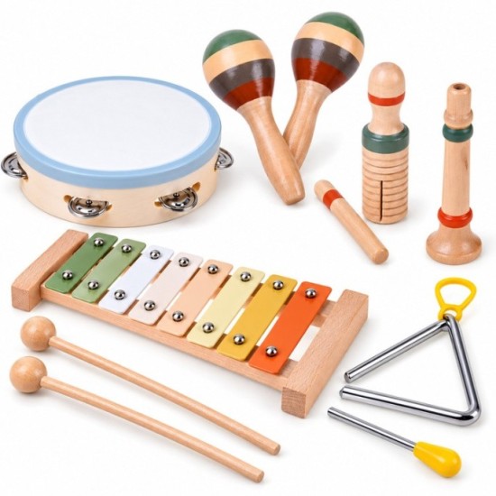 Wooden musical instruments cymbals, tambourine, triangle - 6 pcs IN0191