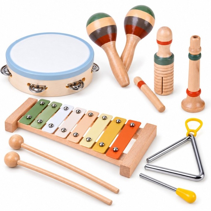 Wooden musical instruments cymbals, tambourine, triangle - 6 pcs IN0191