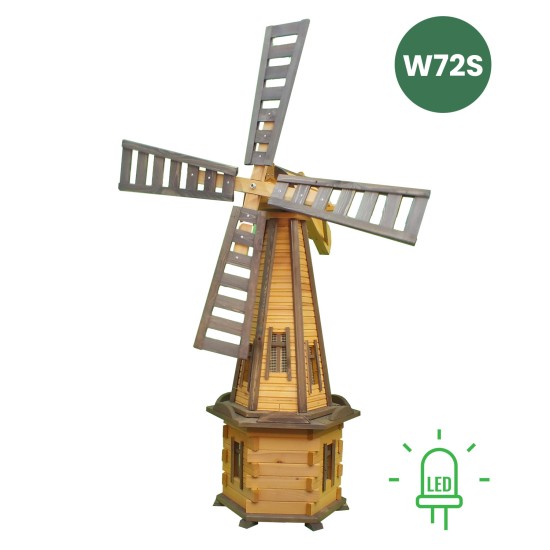 MKSTOR Drevený Solárny veterný mlyn 170cm s LED svetlom, záhradný, otočný, dekoračný W72S